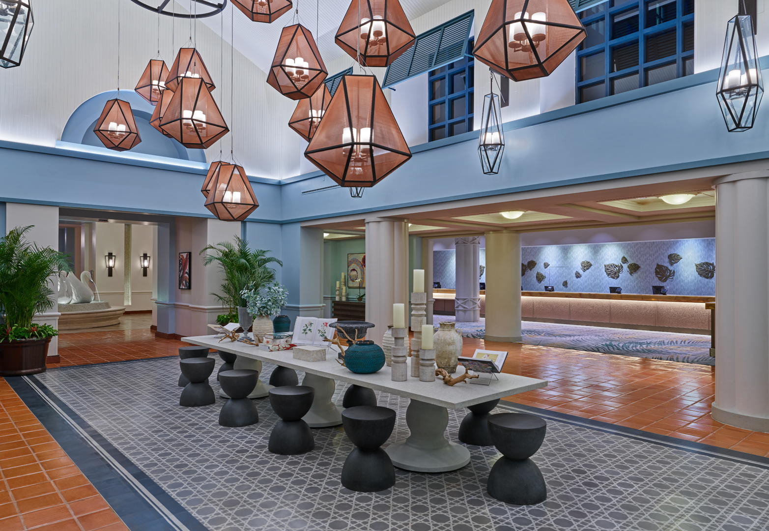 Swan Lobby with Long Table, Seats and Front Desk in the Background