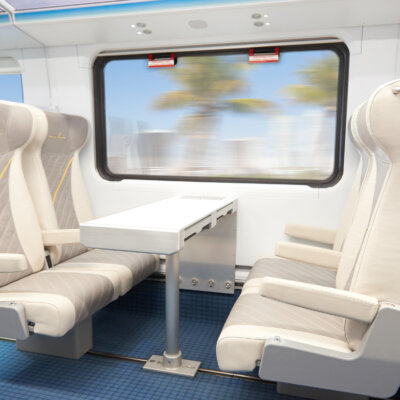 Brightline Train Interior With Four Seats Set Up As a Quad
