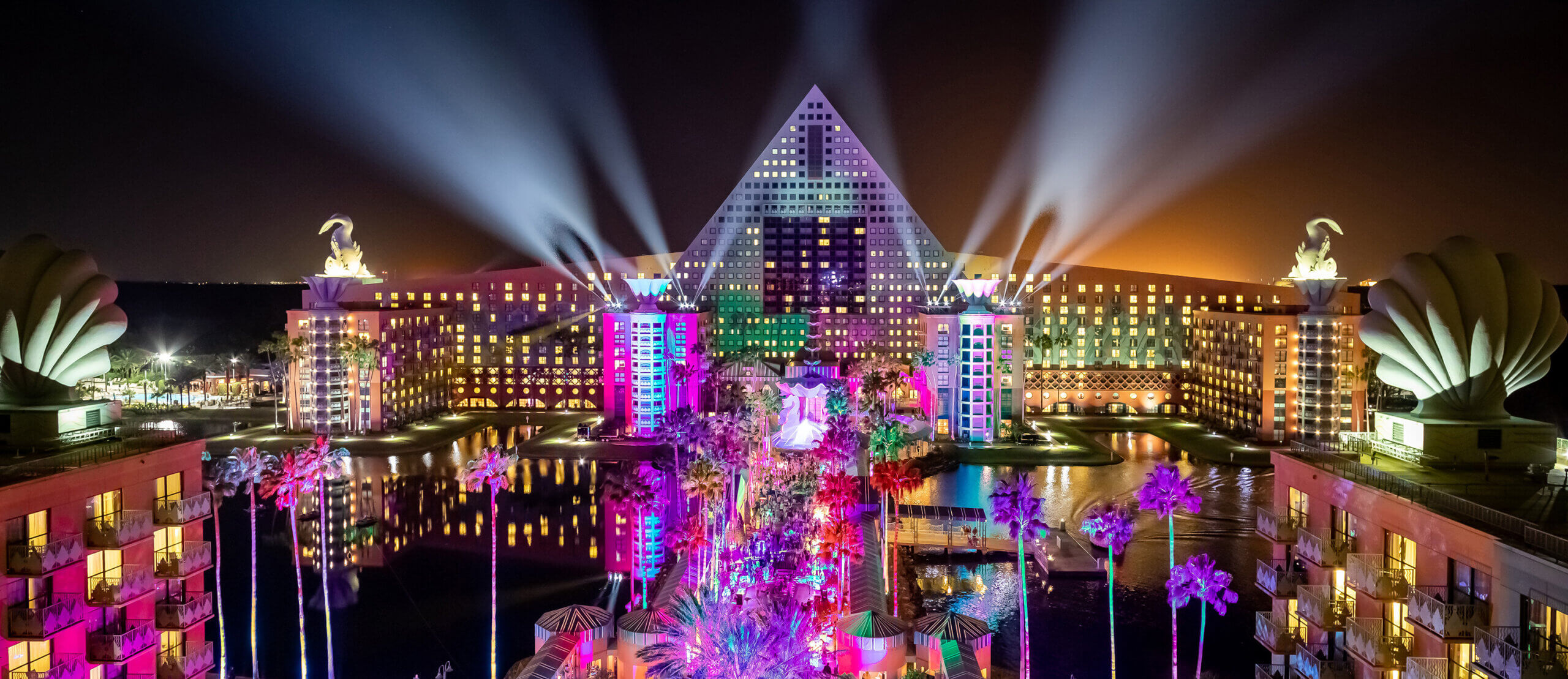 Overhead view of the Dolphin with beautiful lighting on the causeway.