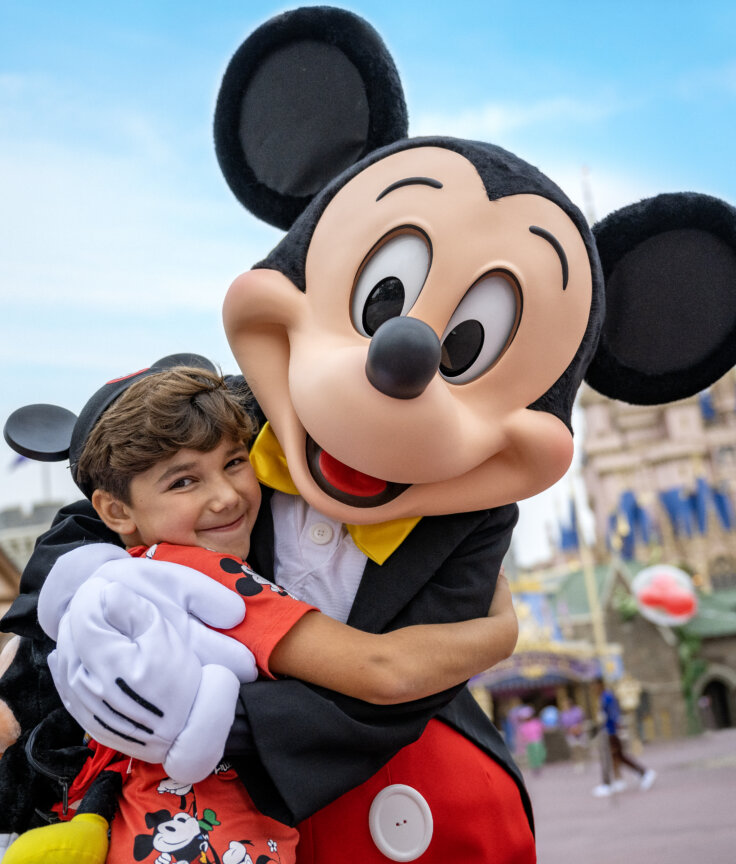 Mickey Mouse Hugging a Small Boy Wearing Mickey Ears
