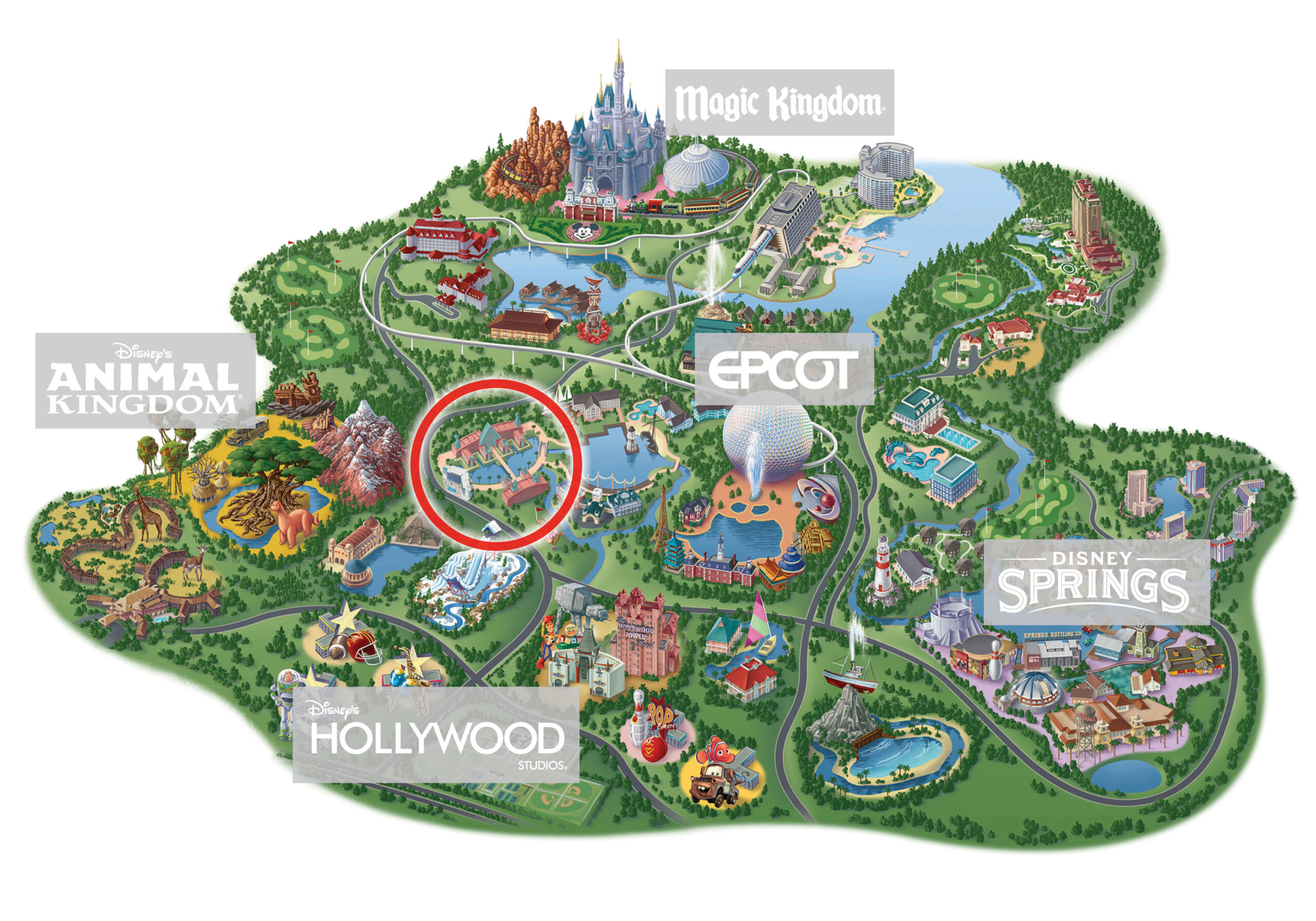 Graphical illustration of the Swan and Dolphin Resortr located in the middle of the Walt Disney World Theme Parks (Magic Kingdom, Epcot, Animal Kingdom, Hollywood Studios) and Disney Springs.