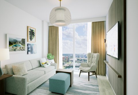 Sketch Photo of Swan Reserve Signature Suite Parlor with Couch, Chair, Large TV and View